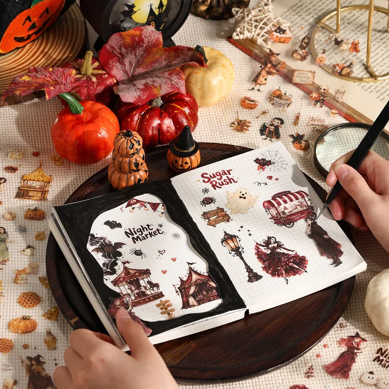 4Pcs Halloween Elegant Banquet PET Stickers, Vintage Pumpkin Ghost Clear Decor Stickers for Journal Album DIY Craft Projects
