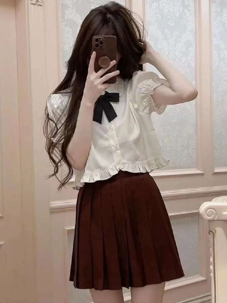 Summer Peter Pan Collar Sweet Womens Blouse Y2k Aesthetic Short Sleeve Bow Blusas Japanese Ruffled Pleated Fairy Fashion Shirt