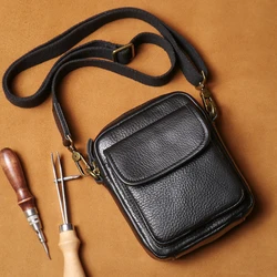 LUOKIR Men's Leather Small Shoulder Bag Casual Fashion Crossbody Lightweight Simple Cell Phone Messenger Bag Cowhide Sling Bag