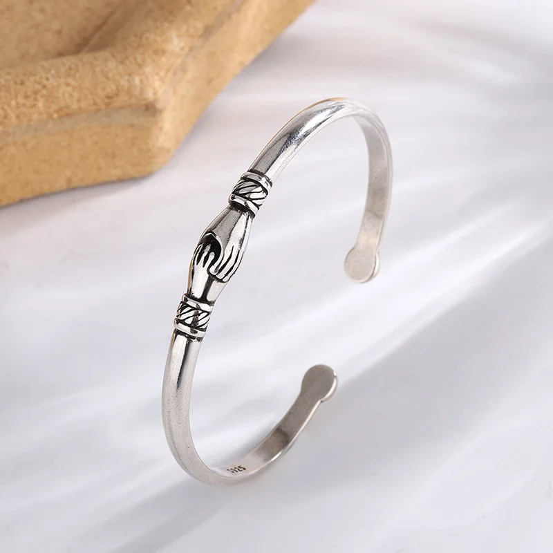 New Retro Female 925 Sterling Silver Jewelry Bracelets Opening Handshake Creative Friendship Bangles    SL004