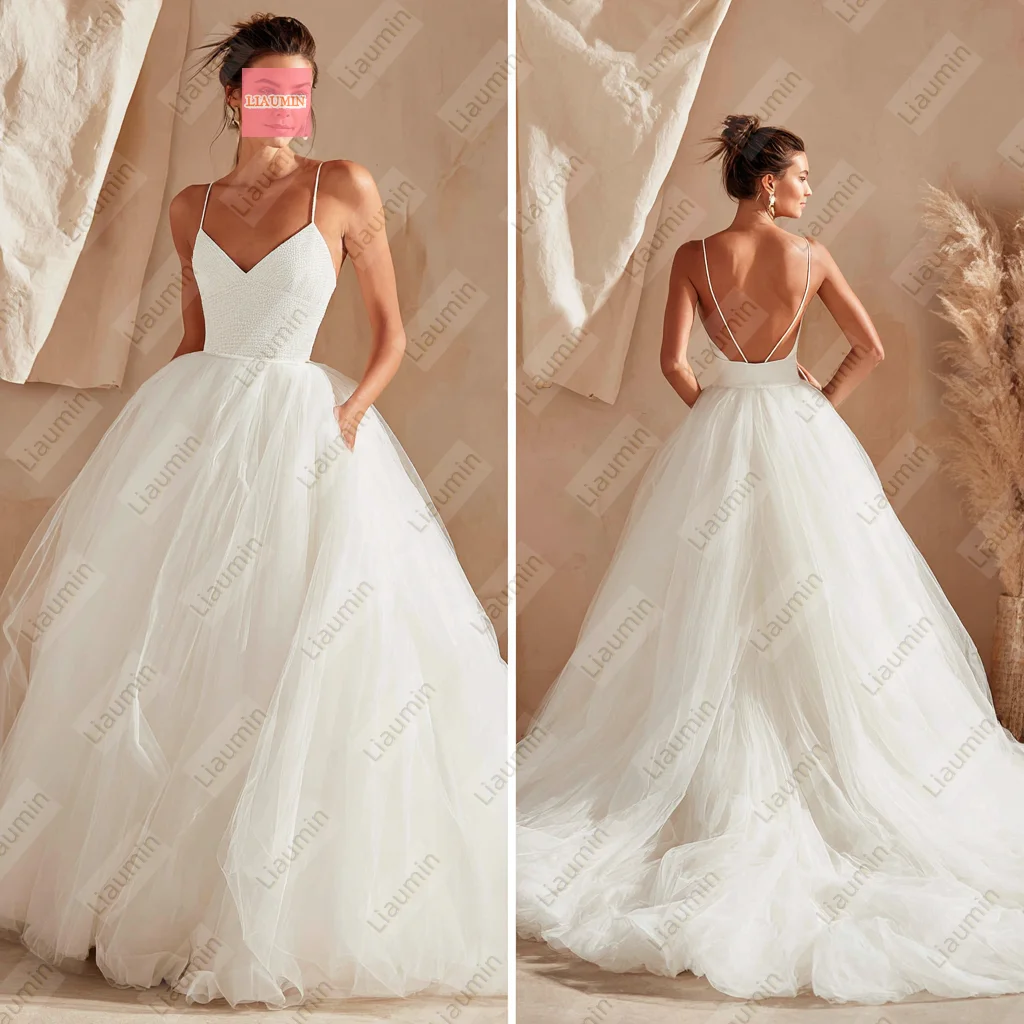 Luxurious Ivory Tulle With Beading Spaghetti Straps Lace-up Wedding Dresses Bridal Floor Length Hand Made Customized W19-42.11