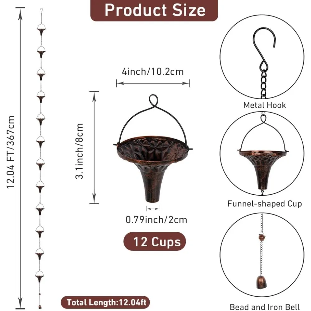 Chaîne de pluie extérieure avec tasses en forme d'entonnoir, chaîne de pluie réglable, adaptée aux fossés de drainage, à l'avant-toit, 12 pieds