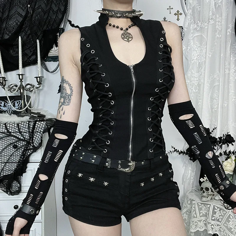 

Goth Dark Punk Sleeveless Corn Bandage Tanks Top Women Chic Streetwear Slim Zip Vest Mall Gothic Techwear Summer Fashion T-shirt