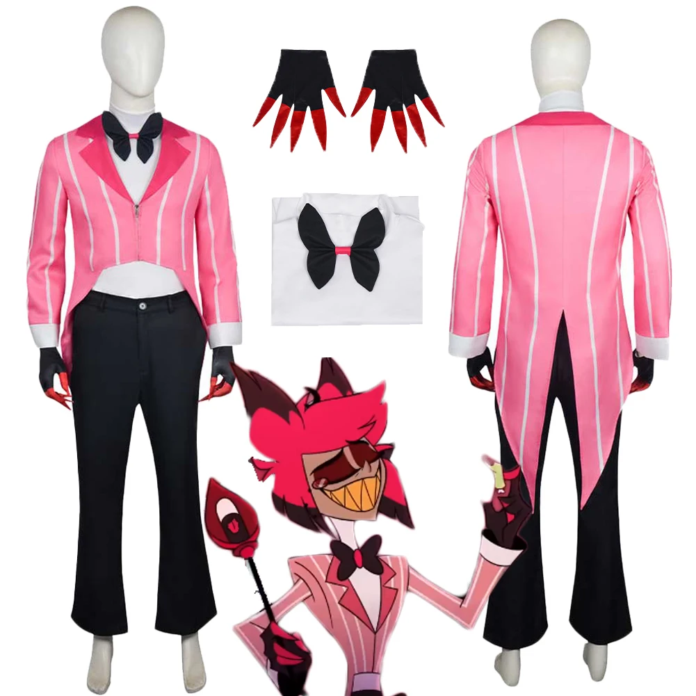 TV Hell Inn 2 Alastor تأثيري الوردي البدلة زي مخطط معطف السراويل قفازات الملابس مجموعة هالوين لعب الأدوار موحدة كرنفال حفلة