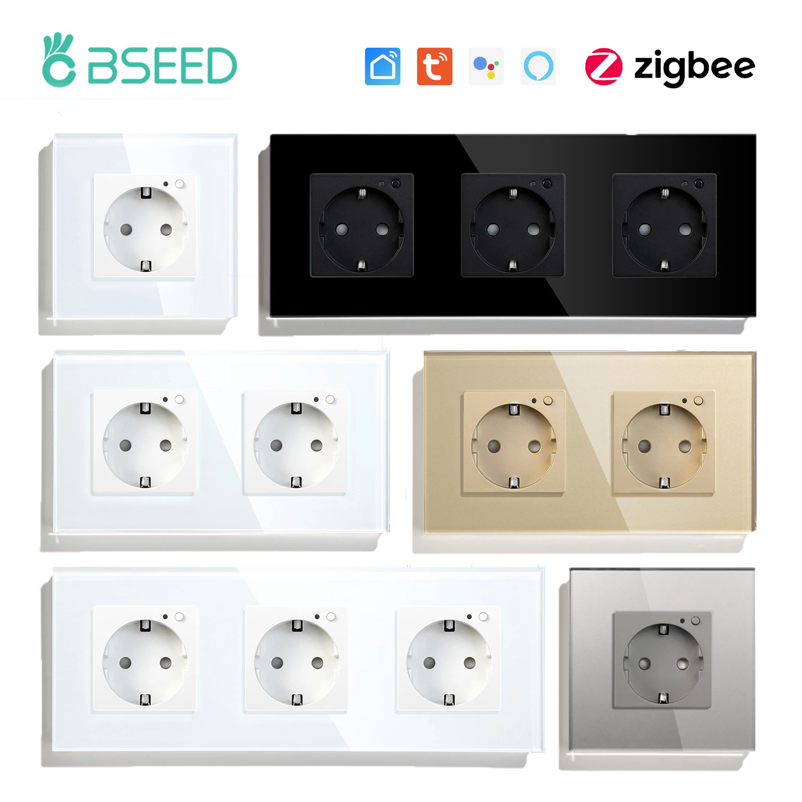 BSEED EU Standard Zigbee Smart Wall Socket Power Socket 220V 16A With On/Off Backlight Work With Tuya Alexa Smart Life