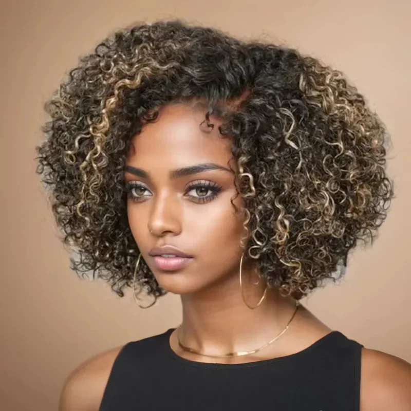 Short Bob Honey Blonde Kinky Curly Brown Deep Wave Ombre Highlight 5x7 Lace Classic Closure Wigs Human Hair 1 Sec Install Wig