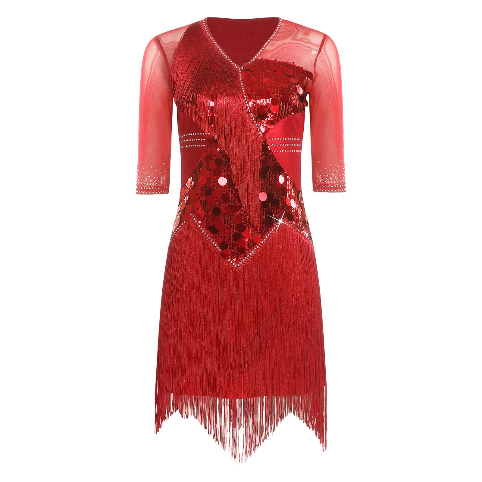 Damska sukienka do tańca latynoamerykańskiego cha-cha, baletowa, z dżerseju, z dżetami, warstwowa, z frędzlami, z rękawami do połowy ramienia, błyszcząca, z cekinami, strój do tańca tango i salsy.