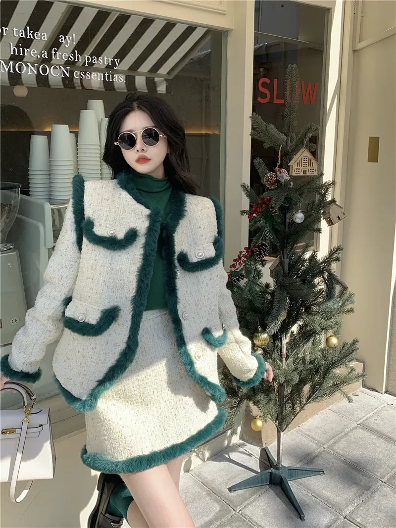 Fall Winter New Women Fashion 2 Piece Dress Sets Elegant Faux Fur Tweed Jacket&High Waist A Line Mini Skirt Chic 2pc Suits