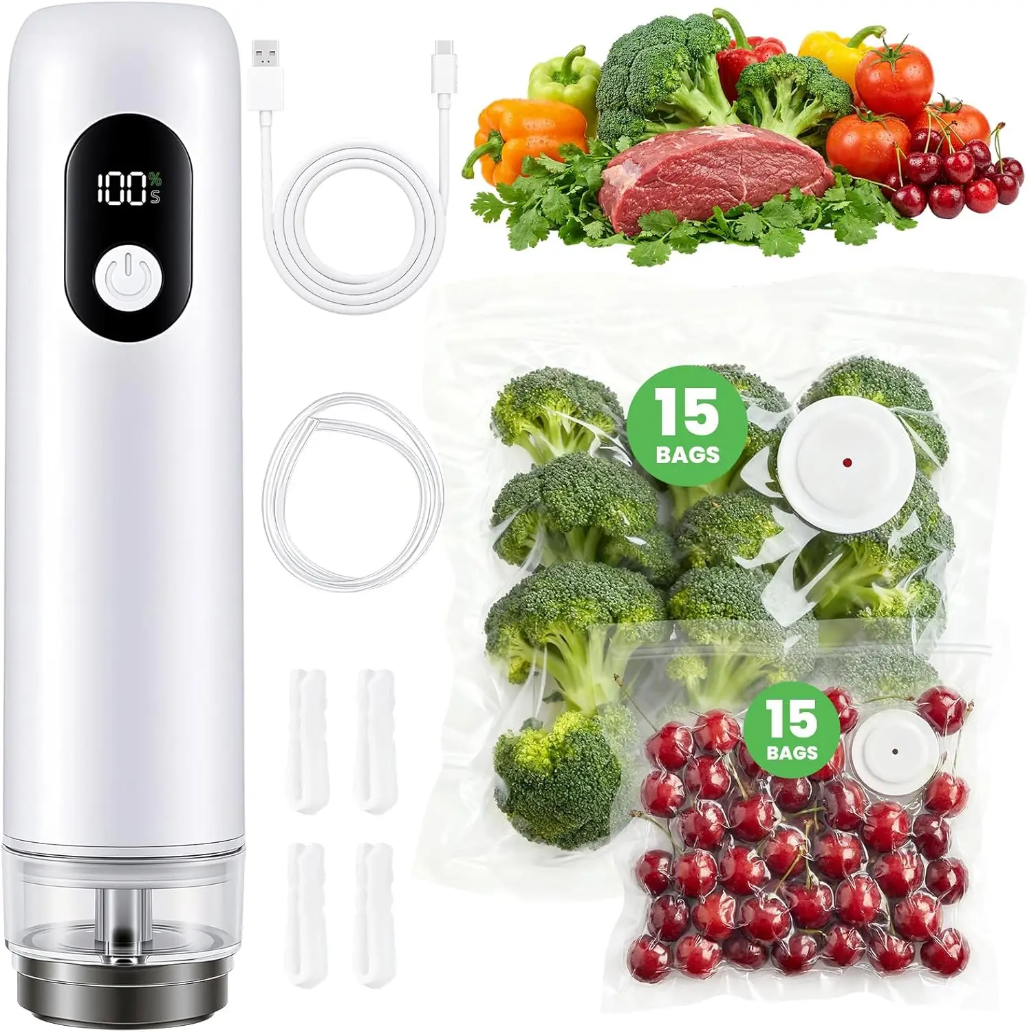 

Cordless Handheld Vacuum Sealer, 60kPa 1500mAh Rechargeable Food Sealer with 30 Bags for Home Travel Camping