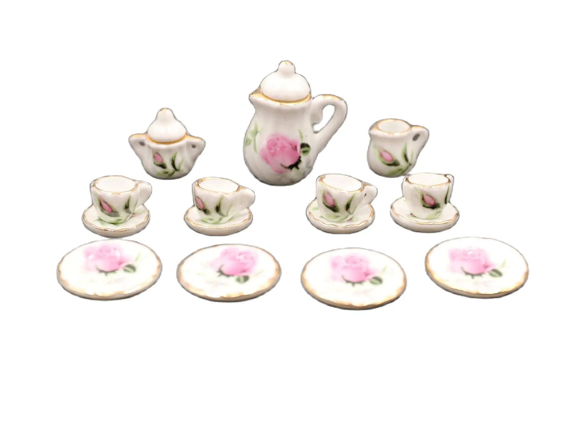 15Pcs 1:12 Miniature Porcelain Tea Cup Set Flower Tableware Kitchen Dollhouse Furniture Toys For Children OB11