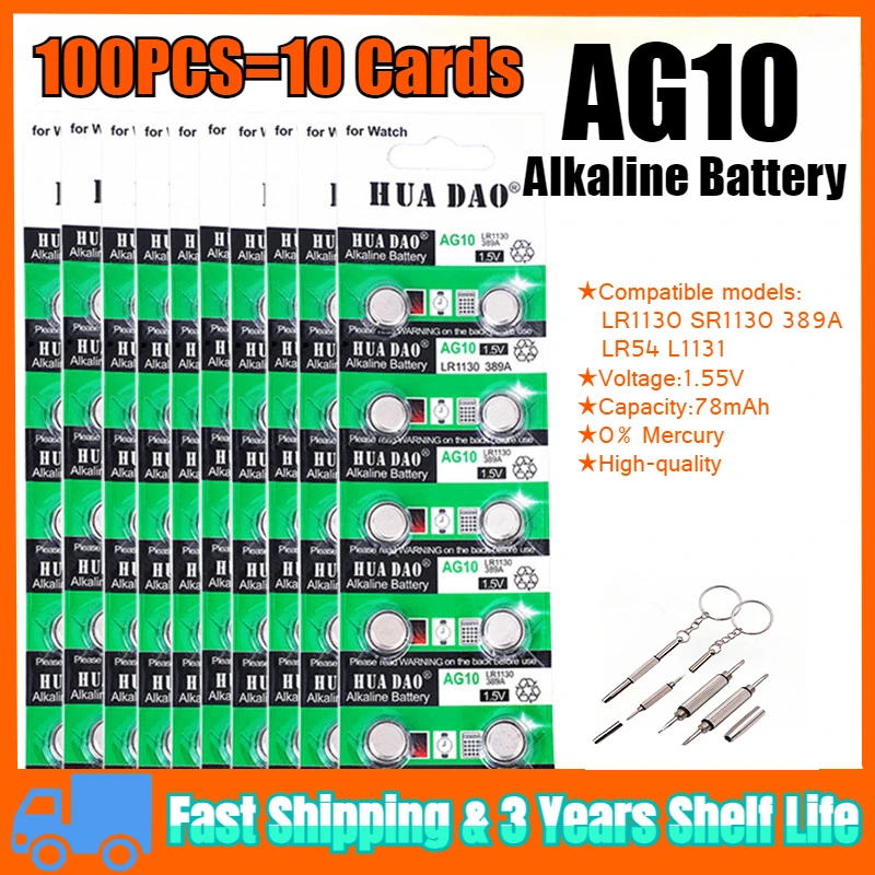 100Pcs AG10 LR1130 Button Battery LR 1130 SR1130 389A LR54 L1131 For Alkaline Battery Watch Hearing Aid Flashlight Calendar Toys