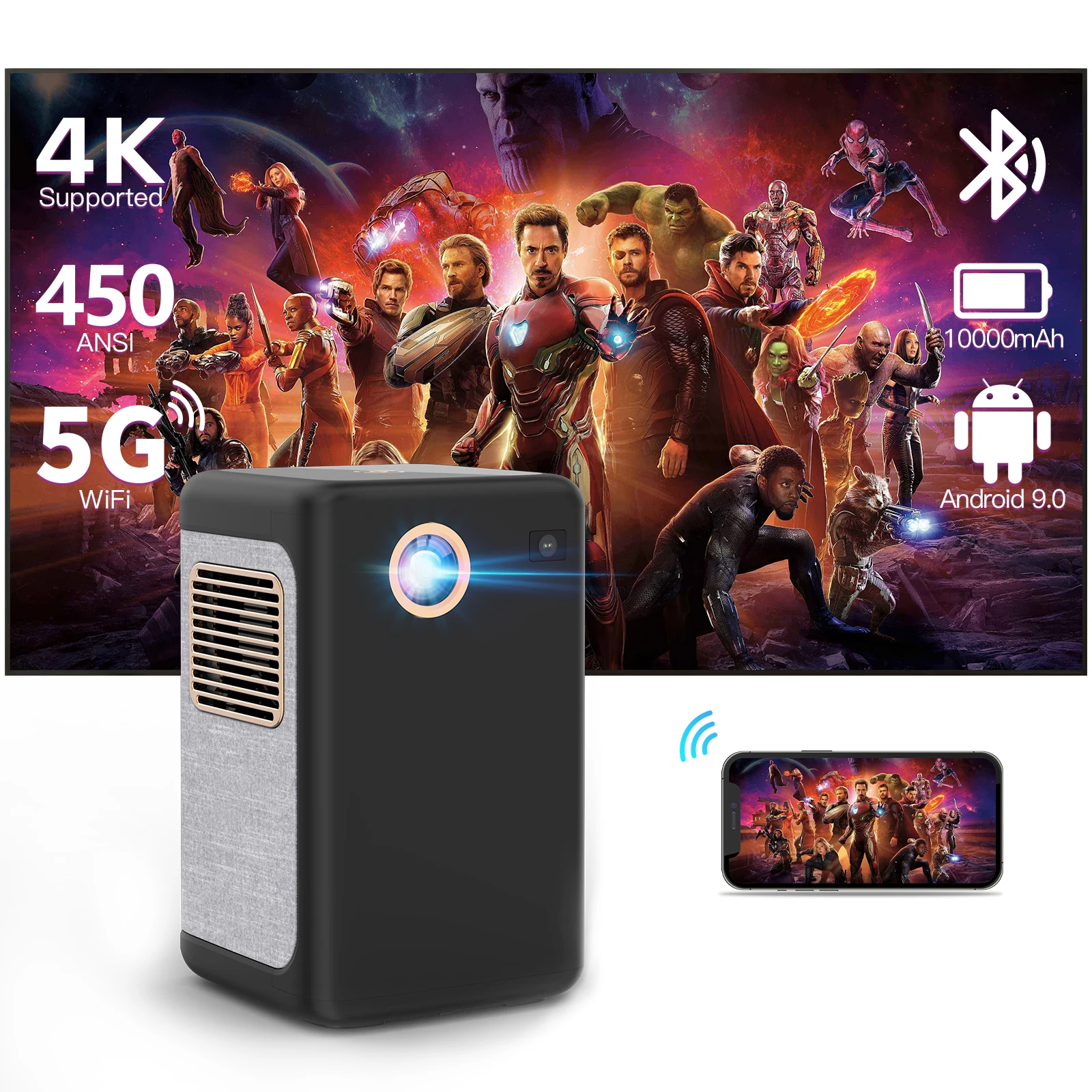Mini Projector 4K 1080P Support, Portable Projector Android System Outdoor Movie Projector Compatible with Phone