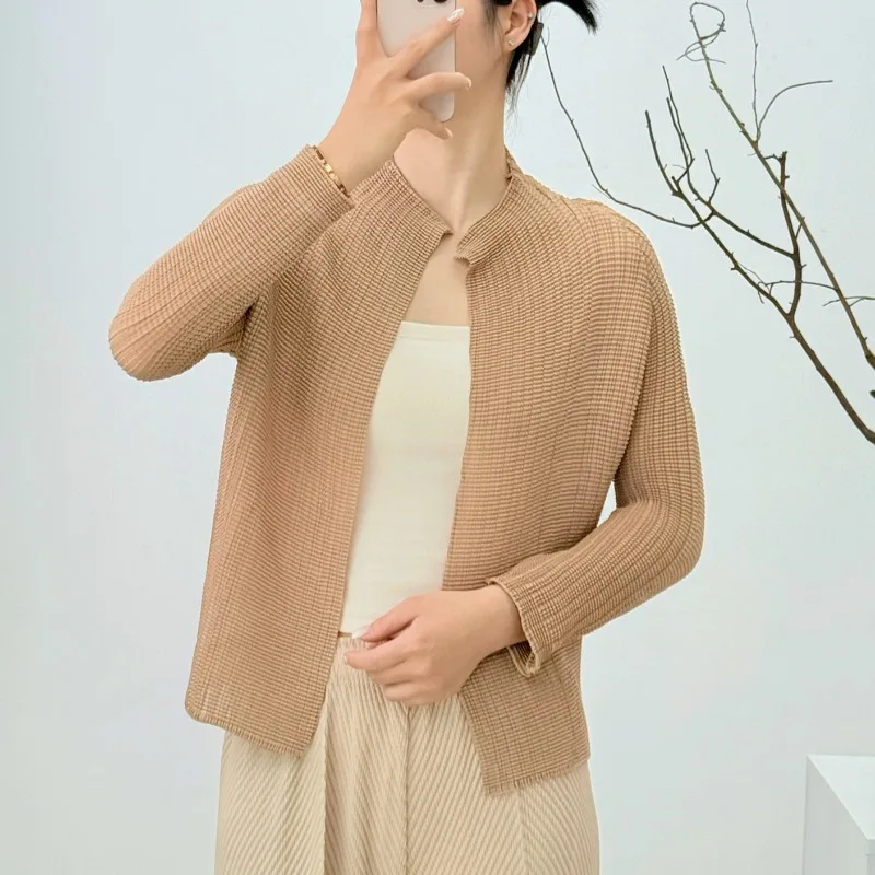 Pleated Cardigan Autumn New Simple Casual Fashion Long Sleeve Solid Color Lightweight Shirt Jacket Women's Stretch Top