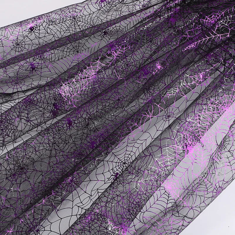 Purple Hot Stamping Mesh, Spider Web Organza Fabric Halloween Ghost Festival Organza Fabric