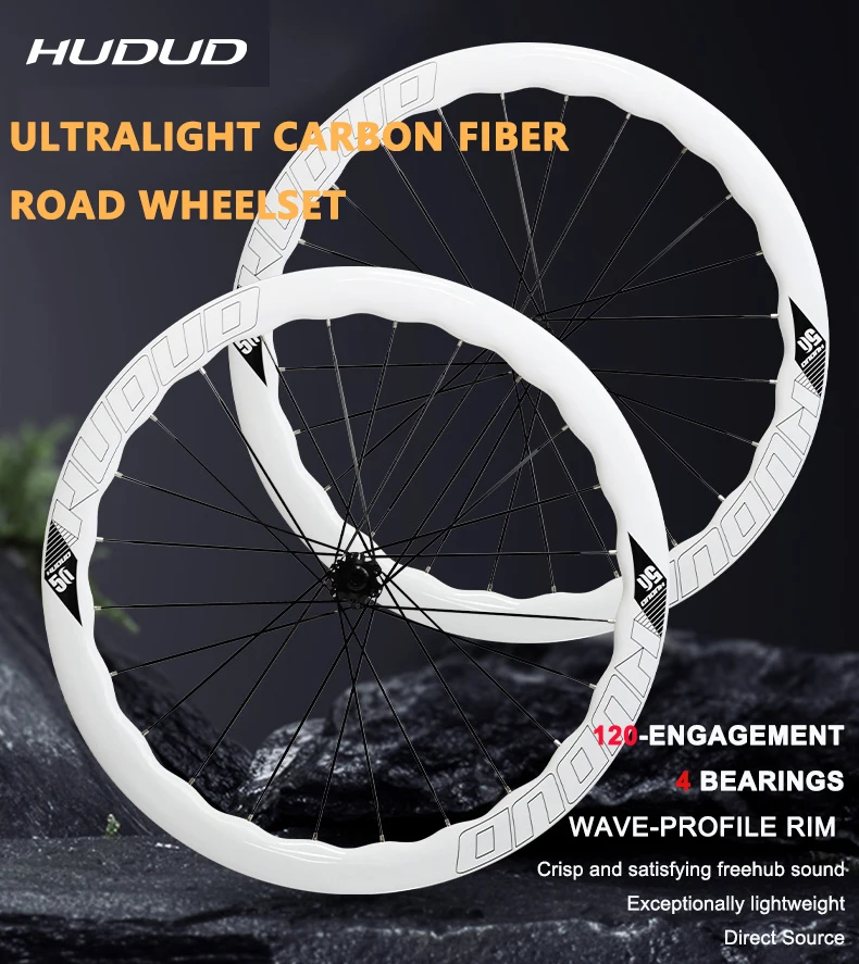 HUDUD V1 Carbon Wave Wheelset | 1580G | Black or White | With or Without Logo |  Front 2 Rear 4 Bearing Hub | 120 Engagement