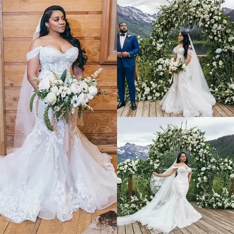 Customized Plus Size Mermaid Wedding Dresses Off Shoulder Appliques Lace Wedding Gown Backles Sweep Train Vestidos De Novia