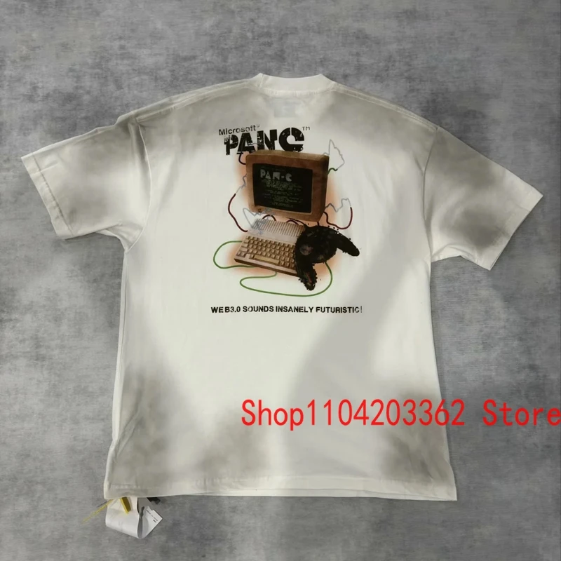 2024 Summer Trend Brand PANQ Kanye West T-shirt Washed Do Old Fun Computer Website Print Tops Tee Rapper Pop Short Sleeves