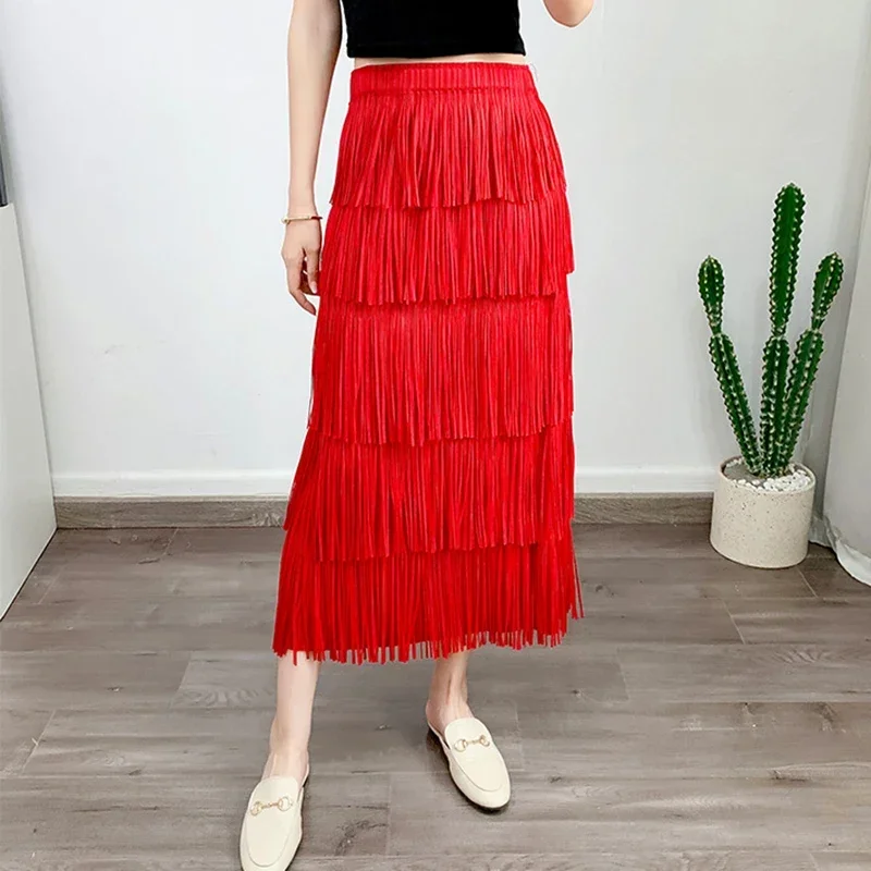 

2024 New Women's Long Skirt Casual Tassel Pleated Skirt Elegant Elastic Waist A-line Long Skirt Suitable for All Seasons P272