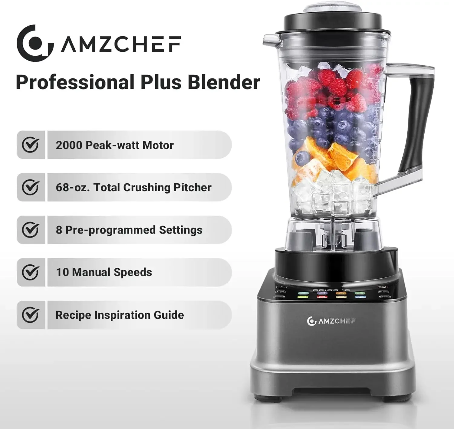 8-IN-1 Professional Blender, 2000 W Commercial Blenders for Kitchen with Timer, Innovative LED Touch Panel with 8 Preset Program