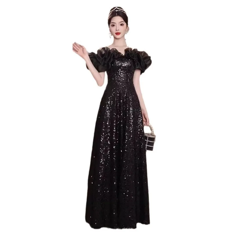 أسود مطرزة ثوب مسائي فرنسي كتف واحد هدية عيد ميلاد ألف خط ثوب التخسيس المضيف مأدبة ثوب مسائي 2026 نمط جديد