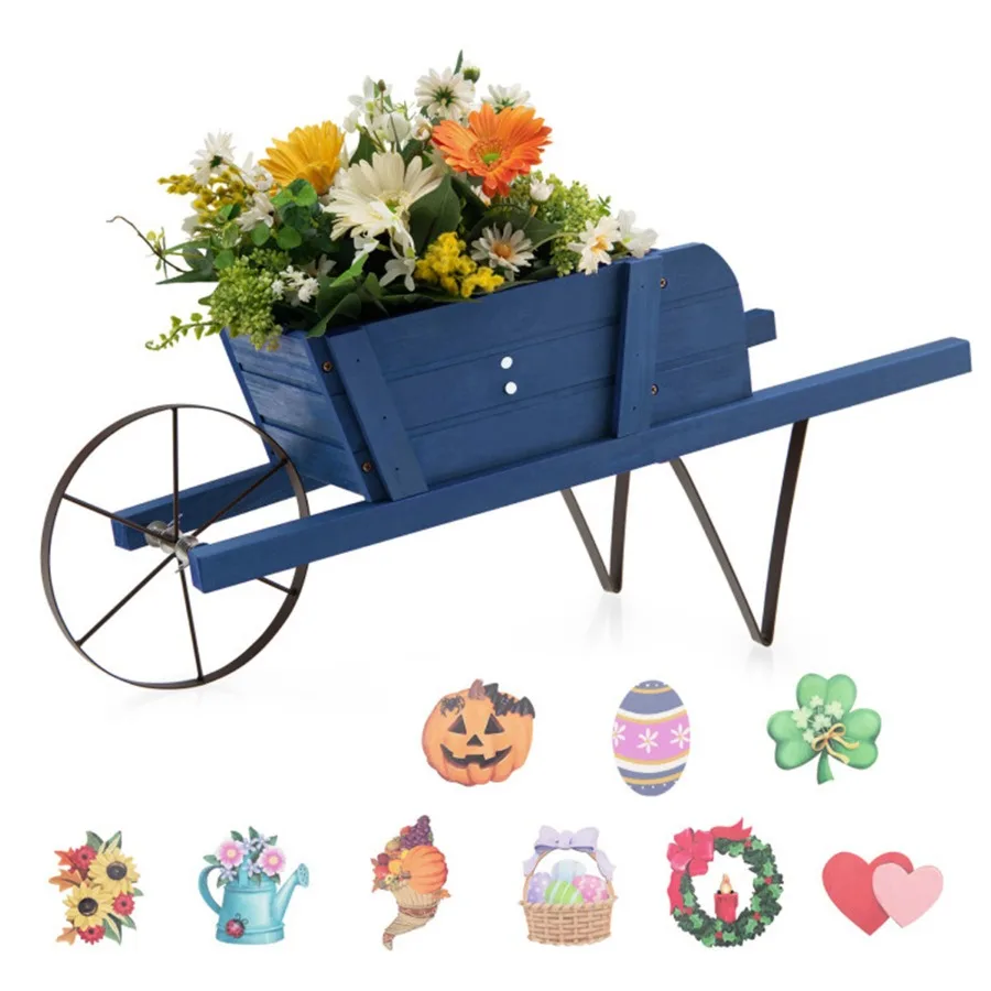 2 In 1 Wheelbarrow Planter Wooden Wagon Planter with 9 Magnetic Accessories for Garden Yard