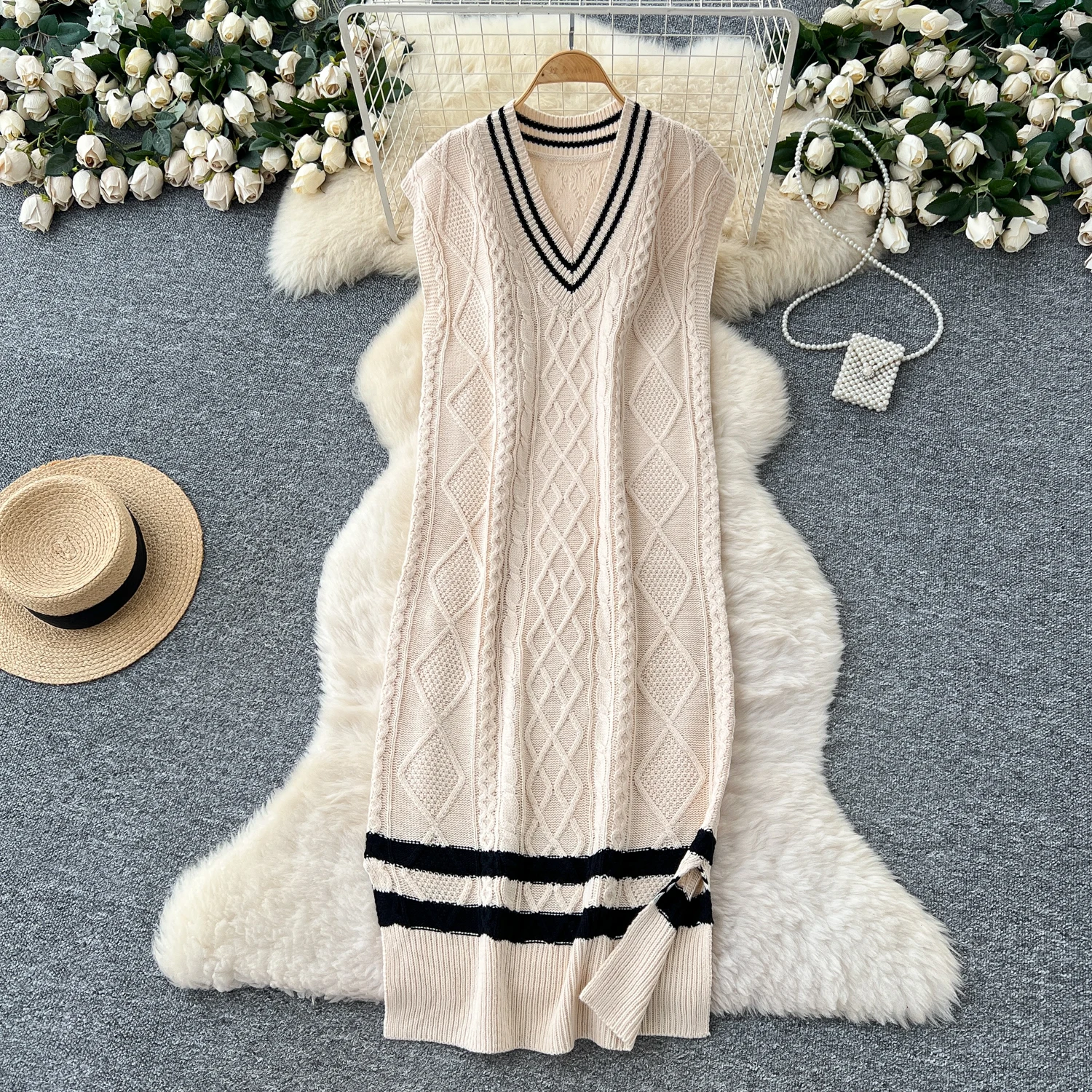 Chic vintage lavorato a maglia sciolto scollo a V senza maniche Elegante fata moda coreana Boho abbigliamento donna Abito lungo