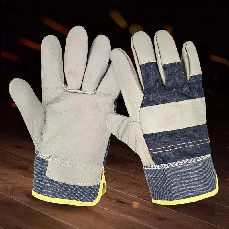 1 Pair Wear-resistant Welder Maintenance Gloves Cowhide Denim Gloves Double Thickened Protective Labor Protection Gloves【SMQ】