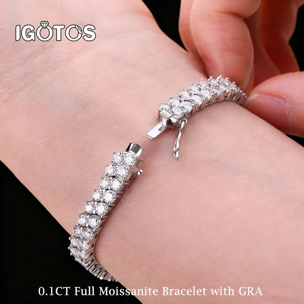 

IGOTOS 925 Sterling Silver Moissanite Bracelet 0.1ct 3mm D VVS1 Diamond with GRA for Women Sparkling Wedding Party Fine Jewelry