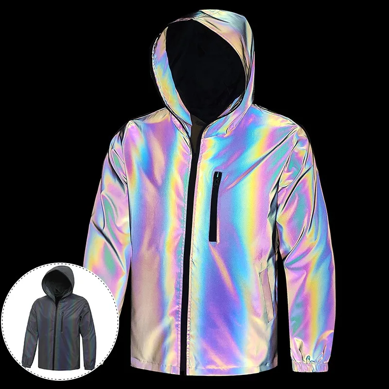 

Светоотражающая одежда для мужчин и женщин, модная красочная ветрозащитная куртка с капюшоном, спортивные куртки для бега, велоспорта, уличная одежда