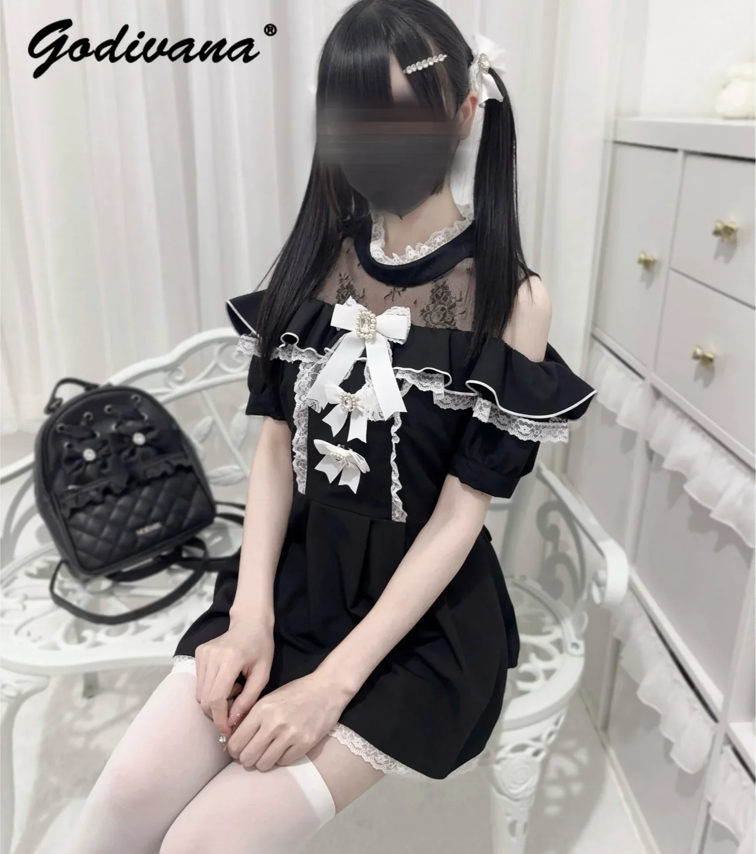 Japanese Style Mass-Produced Mine Ruffled Lace Off-the-Shoulder Rhinestone Bow Short Sleeve Dress Shirt and Shorts 2 Piece Set