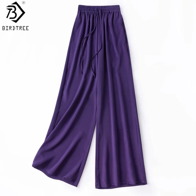 

Birdtree, 30MM 93% Real Silk 7% Spandex Pants, Women's Heavy Crepe Wide Leg Trousers, Elastic Waist, 2026 Summer New P67303JF