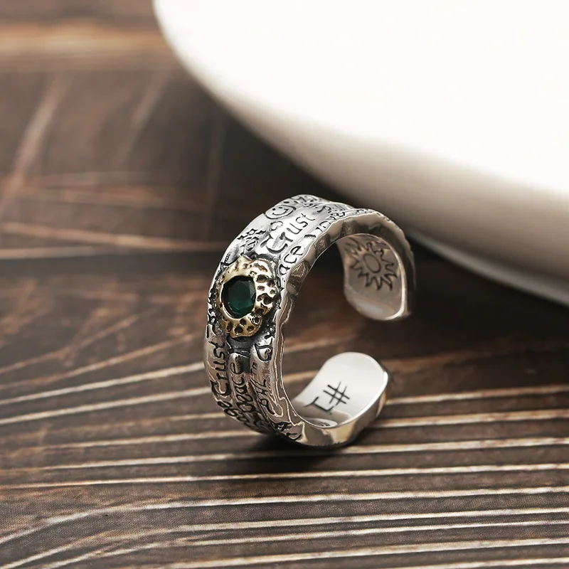 Punk sterling silver graffiti open ring men & women trendy personality European and American fashion brand hip hop silver ring