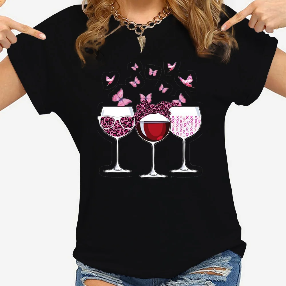 

Cute Wine Printed T-Shirts For Women Short Sleeve Funny Round Neck Tee Shirt Casual Summer Tops