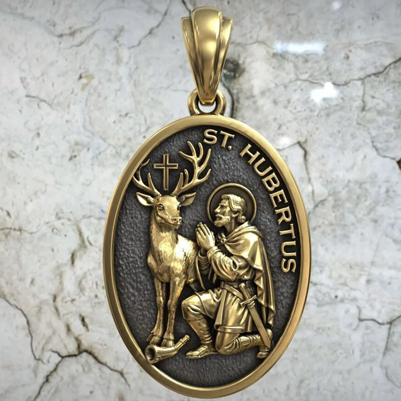 10.3g medalha saint hubert pingente cristão caça patrono medalhão personalizado 925 sólido esterlina prata ouro pingente