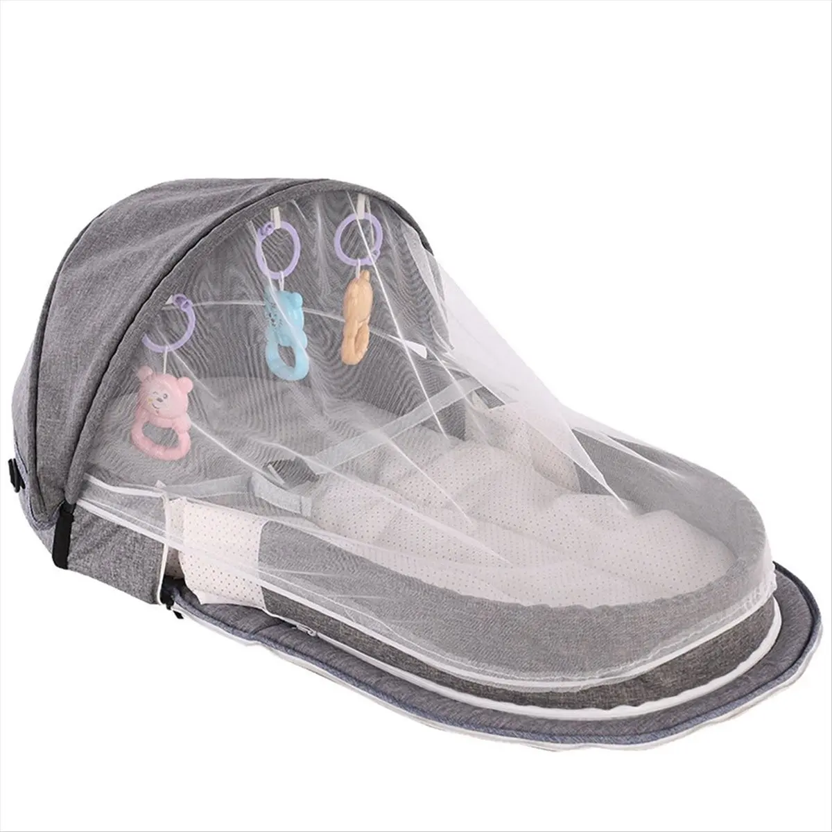 BHBL Baby Bed Folding Portable Baby Crib with Net and Awning Nest Baby Bed for Camping Infant Bed Bassinet for Baby Grey