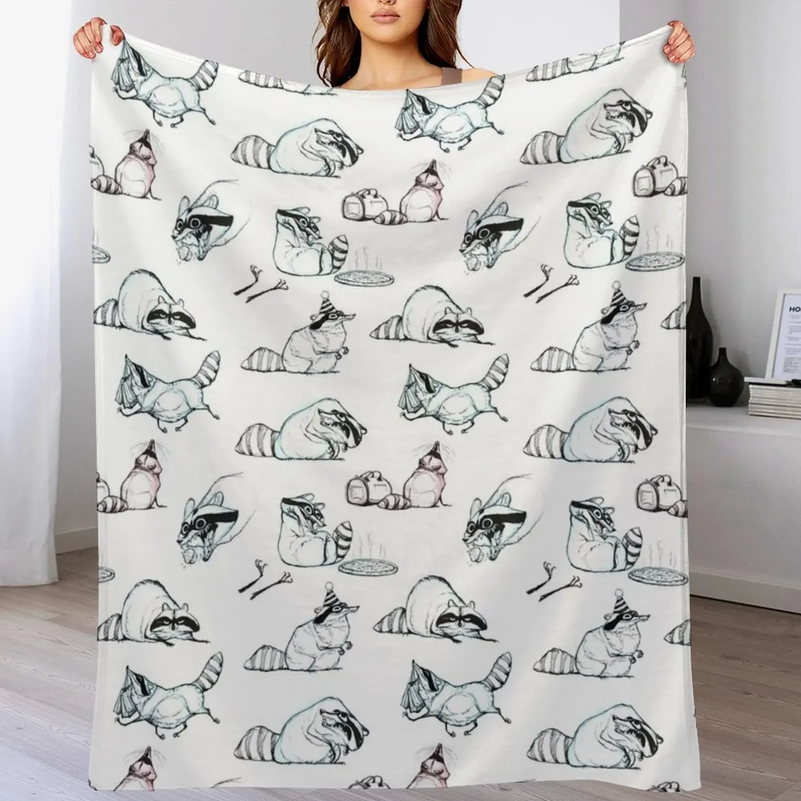 Raccoon Comic Pattern Throw Blanket Men's Soft Warm Throw Blanket for Couch