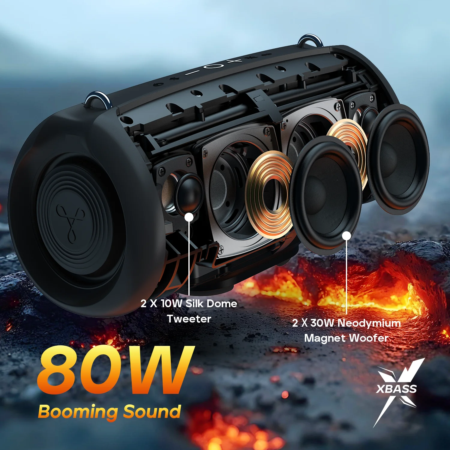 Портативная Bluetooth-колонка TRIBIT StormBox Lava, 80 Вт, встроенный внешний аккумулятор, управление через приложение, водонепроницаемость IP67, для улицы, кемпинга, вечеринок