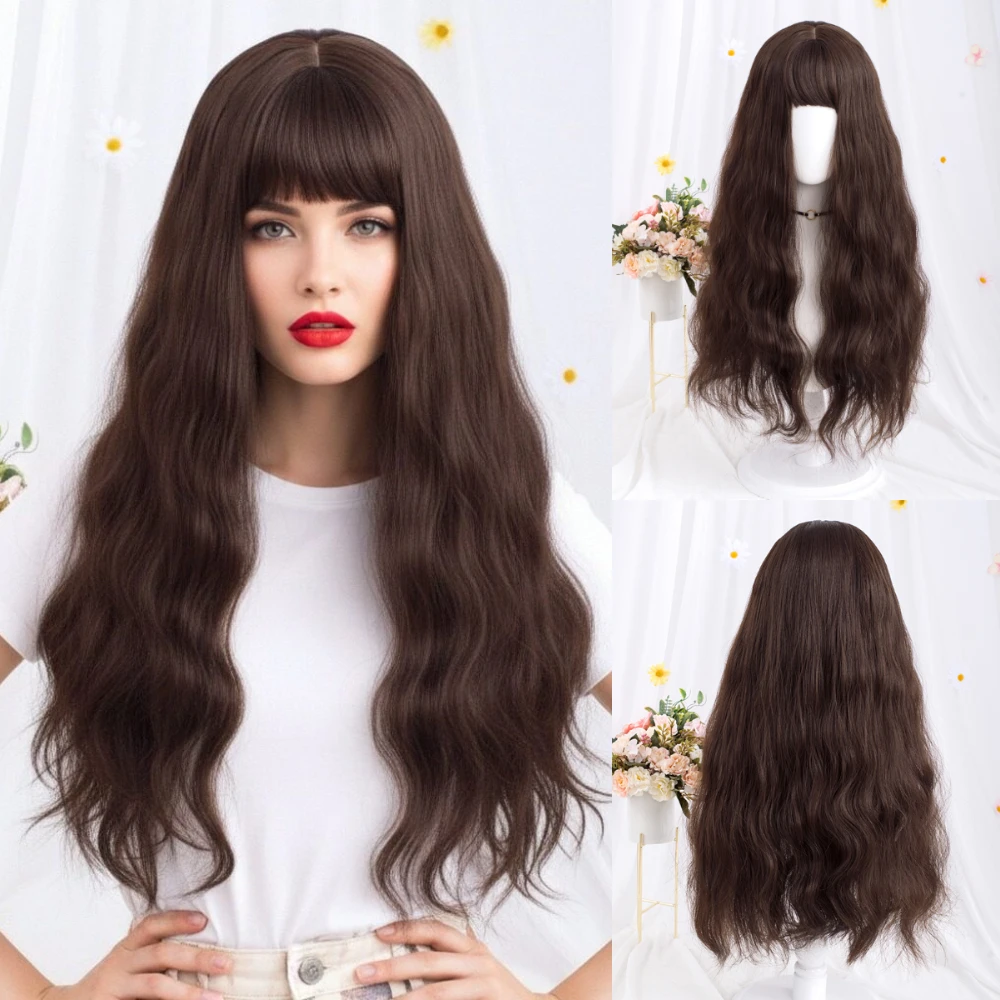 

MSIWIGS Long Wavy Synthetic Brown Wig With Bang Women’s Heat Resistant for Halloween Christmas Cosplay & Daily Wear