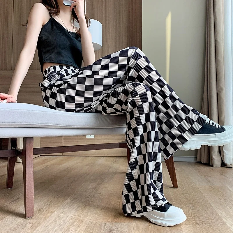 American style ice silk pleated checkerboard casual pants Women's summer thin loose high waist straight leg wide leg pants ins