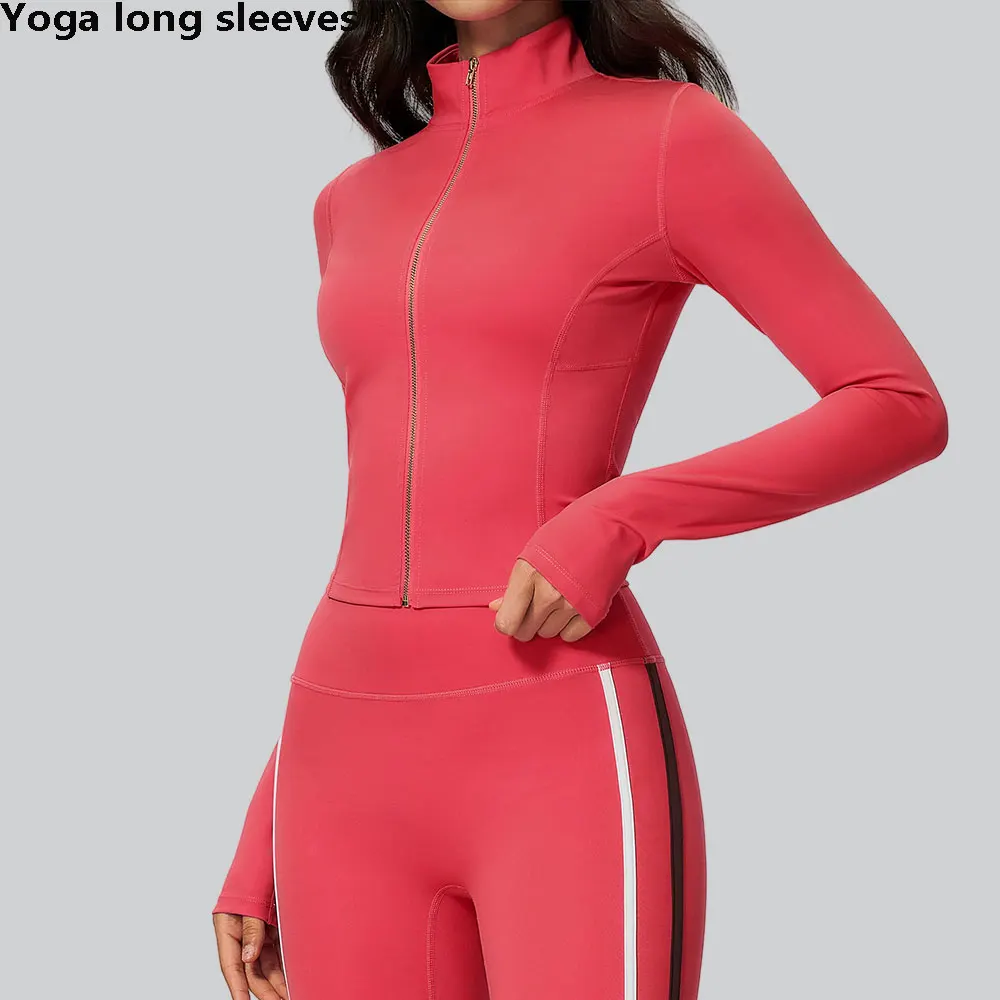 Women Outdoor Sports Jacket Yoga Long Sleeve Zip Up Workout Shirt Thumb Hole High Neck Slim Fit Gym Running Fitness Top Athletic