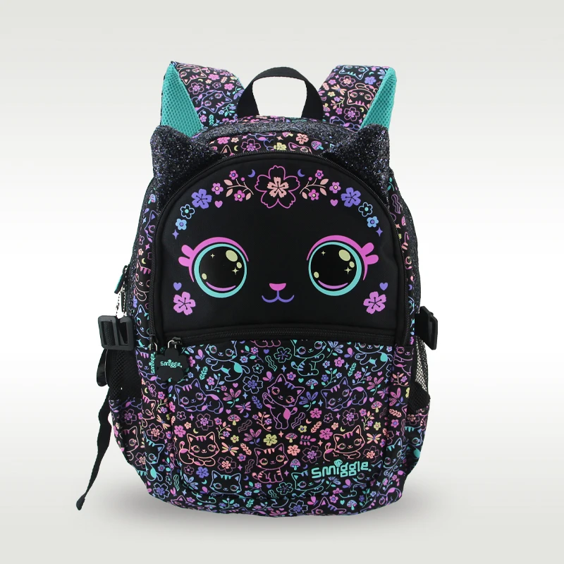 Australian original smiggle school bag girls children's backpack Black Flower Cat cartoon 8-12 years old 16 inch