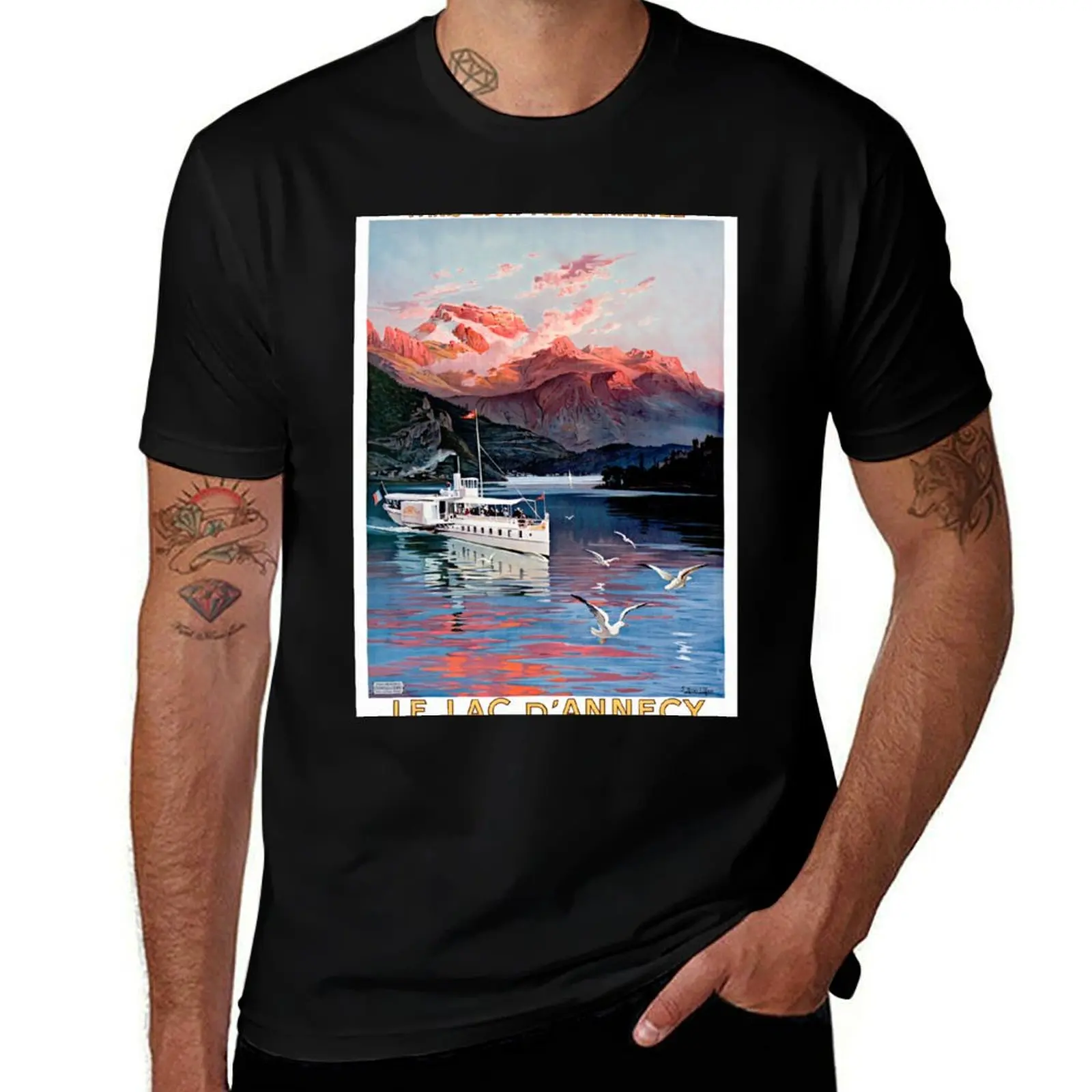 Lac d'Annecy France Vintage Travel Poster Restored T-Shirt Work Wear Short Sleeve T-Shirt