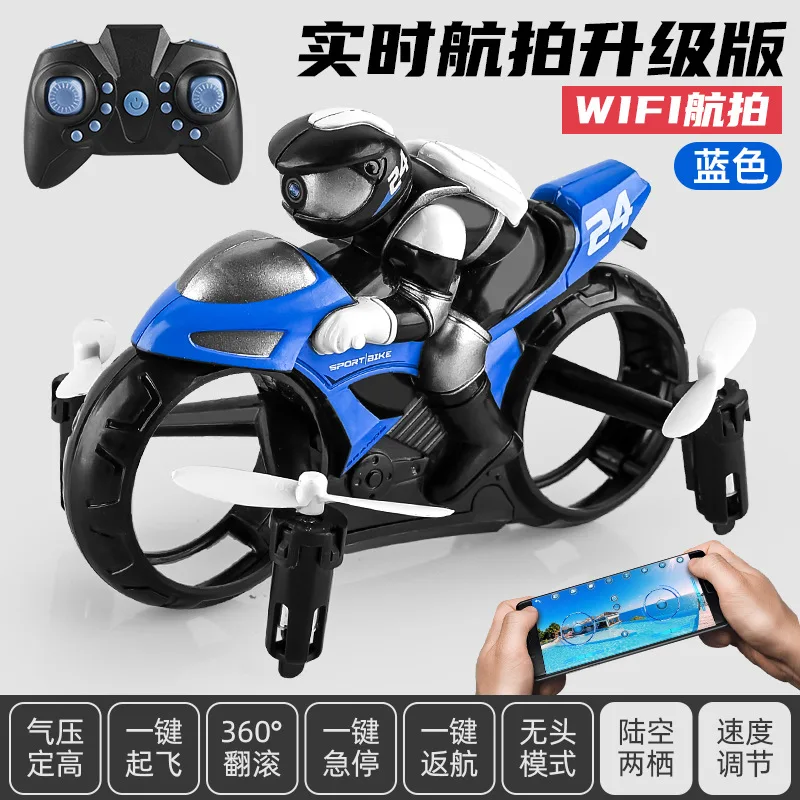 Stunt Motorcycle 2 In 1 Land Air 2.4GHz Flying Off-roadDrone With 360 Rotation Drift Headless Motorbike festival Kid gift Toy