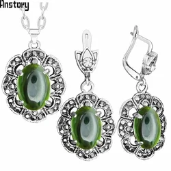 Transparent Green Crystal Necklace Earrings Jewelry Set Rhinestone Vintage Look Fashion Jewelry For Women TS405