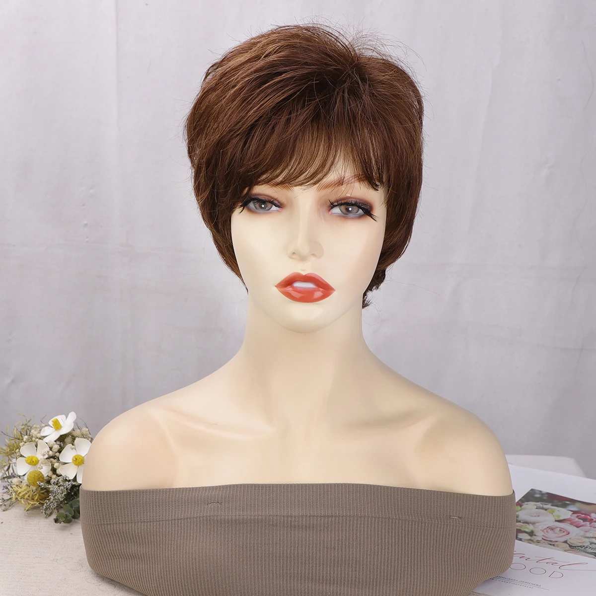 Short Dark Brown Synthetic Straight Wave Hair Wig With Bangs For Woman Replacement Heat Resistant Fiber Cosplay Wig