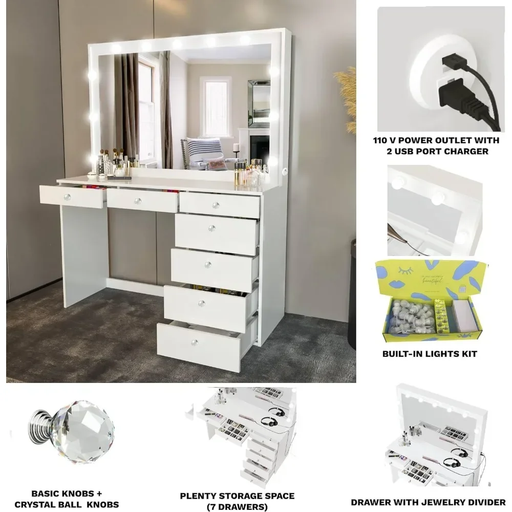 Diana Large Vanity Makeup Desk with Vanity Mirror, Built-in Lights, 7 Drawers, Crystal Ball Knobs, Power Outlet