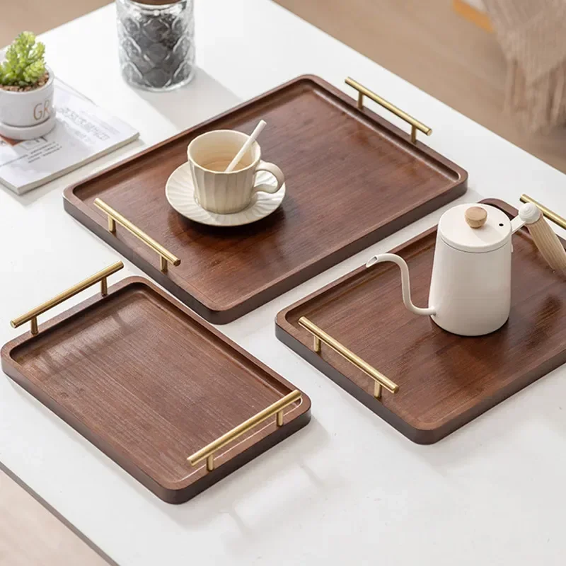 

Natural Serving Wooden Handle Household Fruit Metal Tray Material Tray Cup Food Serving Bamboo Wooden Rectangular Organizer