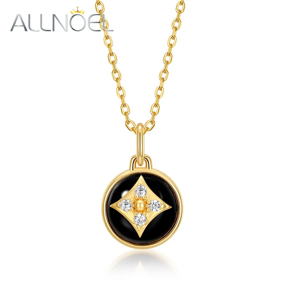 

ALLNOEL Natural 9mm Black Agate Pendant Necklace 925 Sterling Silver For Women Zircon Gold Plated Fine Jewelry Birthday Gifts