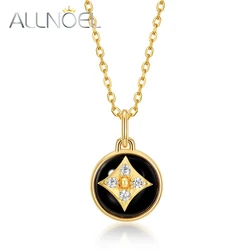 ALLNOEL Natural 9mm Black Agate Pendant Necklace 925 Sterling Silver For Women Zircon Gold Plated Fine Jewelry Birthday Gifts