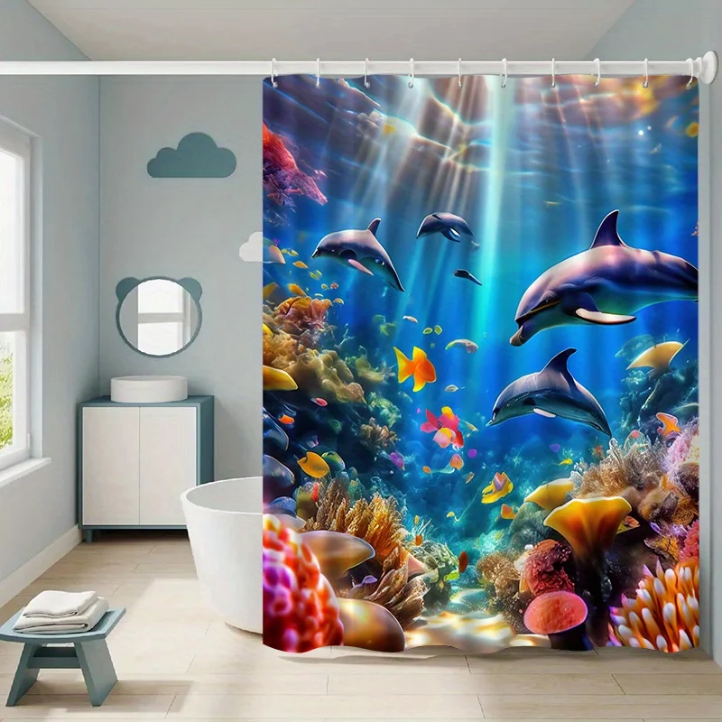 Ocean World Shower Curtain Dolphins Tropical Fish Coral Reef Polyester Washable with 12 Hooks for Bathroom Decor